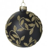 Glass Bauble Black with Gold Leaf Design